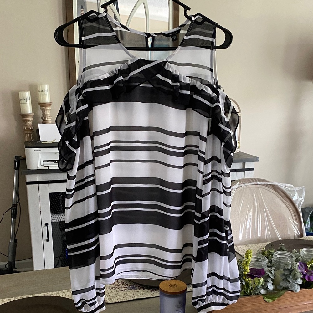 Guess Black and White Asymmetrical Ruffled Tank Top